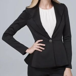White House Black Market Black Satin Scuba Peplum Jacket Embellished Button